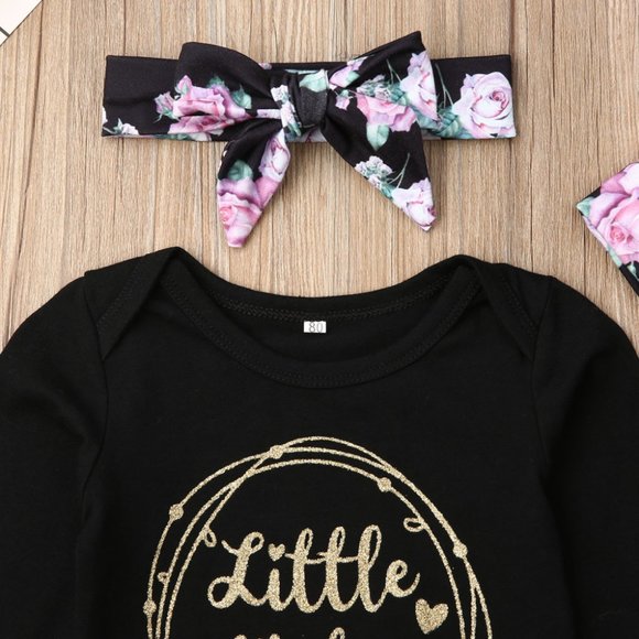 NEW Infant Girls Black Floral Little Sister 4 Pc Outfit - Picture 2 of 7